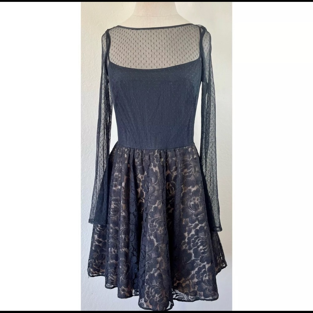 Aqua Dresses Black Lace Mesh Skater Mini Dress